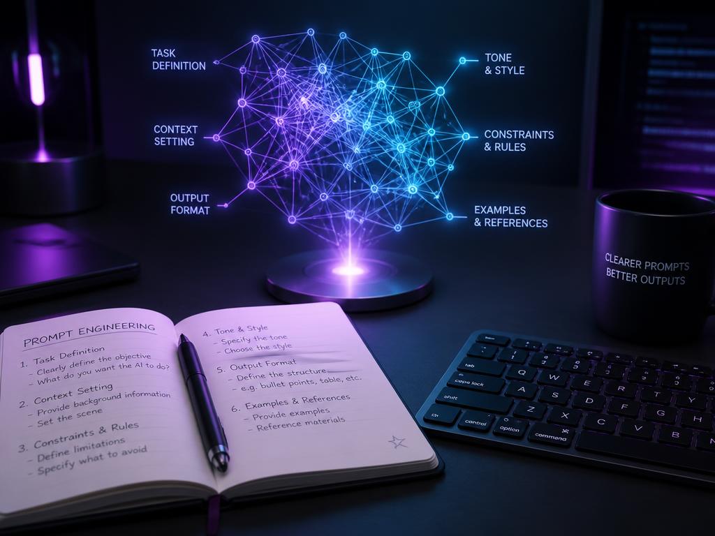 Glowing holographic neural mesh above a notebook of written prompts