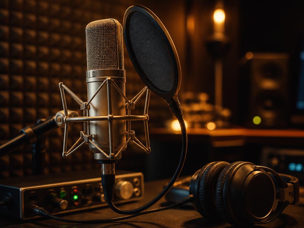 Condenser microphone and studio headphones in a home music studio