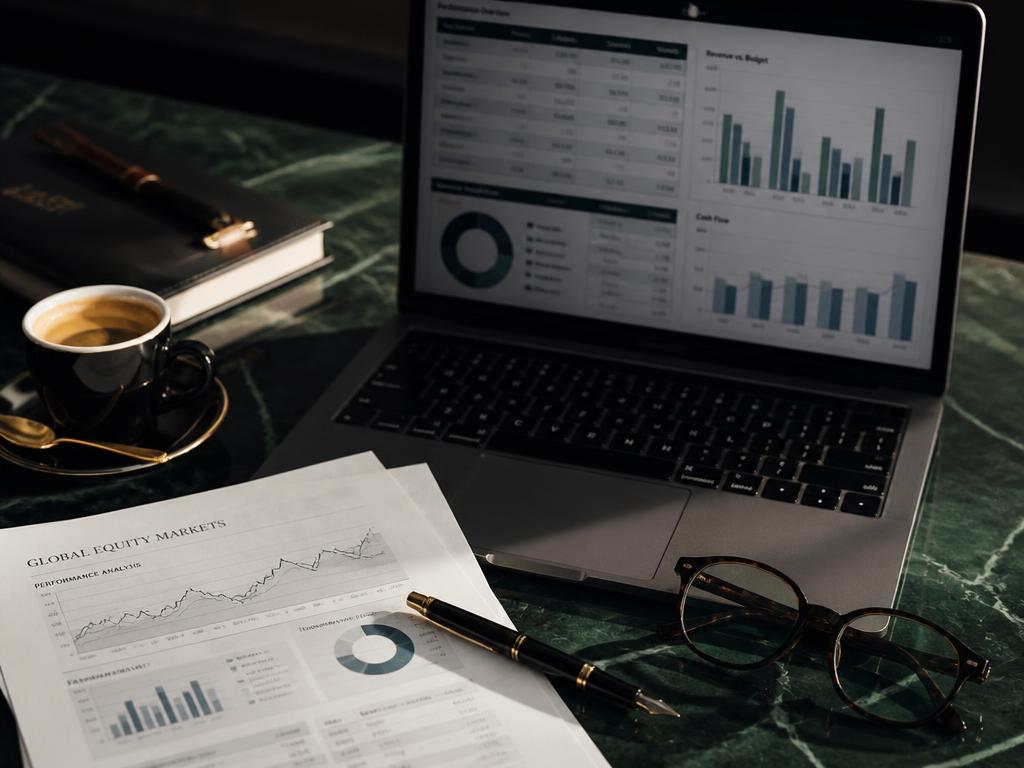 Financial charts and a laptop dashboard on a dark green marble desk
