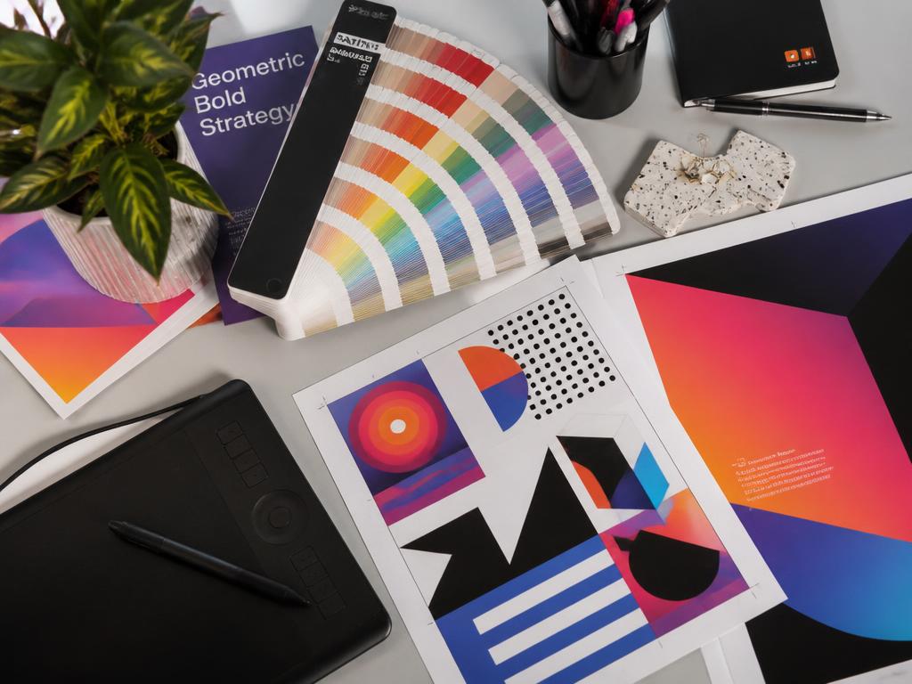 Colour swatch fan and bold graphic prints on a designer's desk