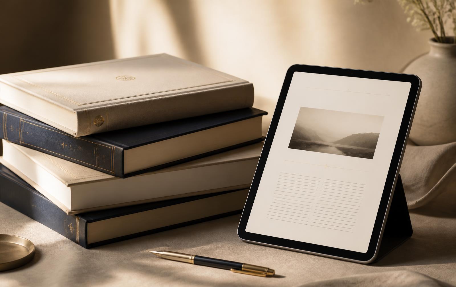 Stack of books beside an e-reader on a warm desk