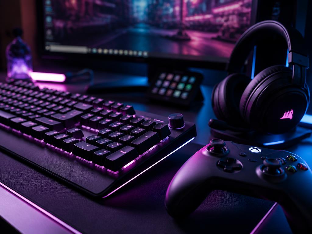 Backlit mechanical keyboard, controller and headset with RGB glow