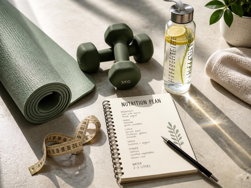 Yoga mat, dumbbells and a nutrition plan notebook in morning light