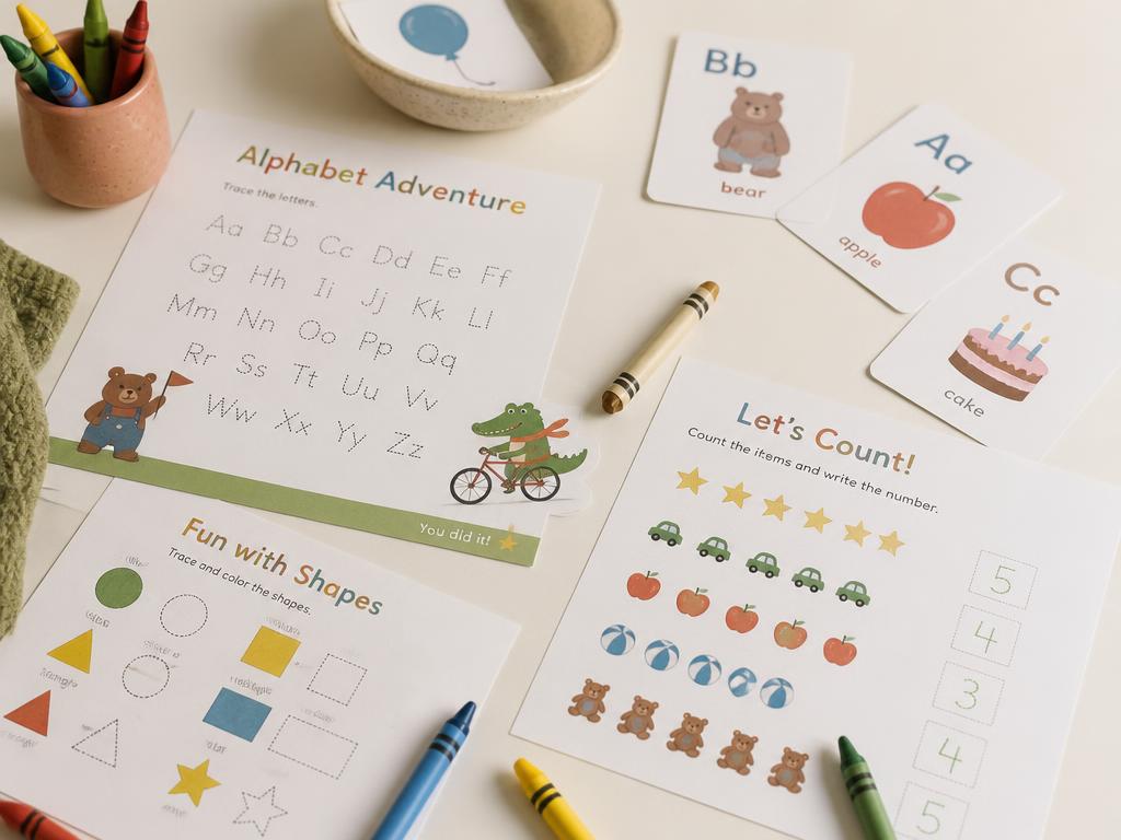Printable children's worksheets, flashcards and crayons on a cream desk