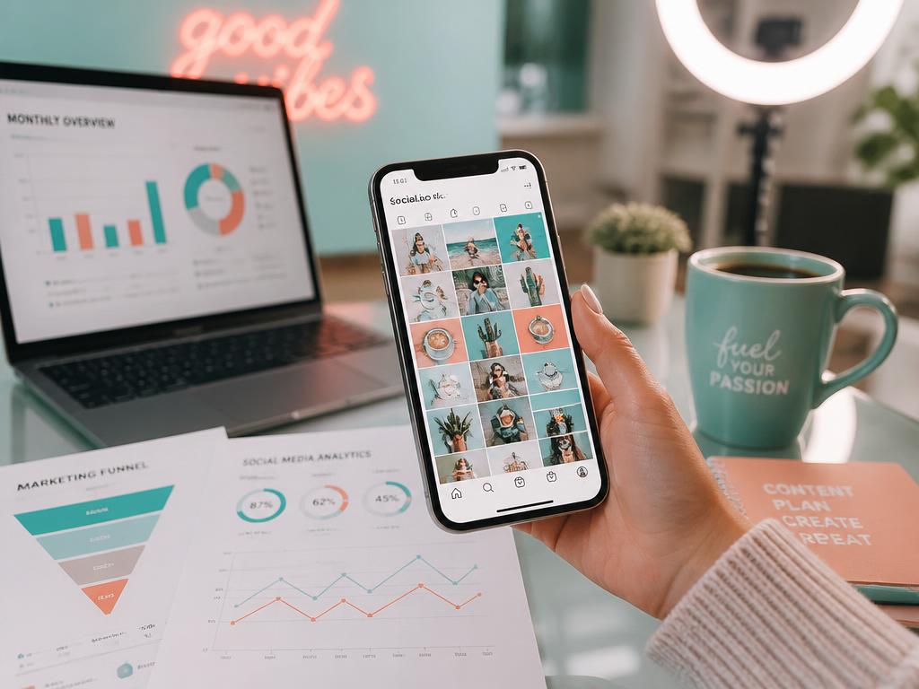 Phone showing a social media grid beside marketing analytics printouts