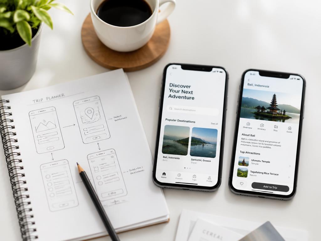 Two smartphones showing clean app UI beside a sketchbook of screen flows