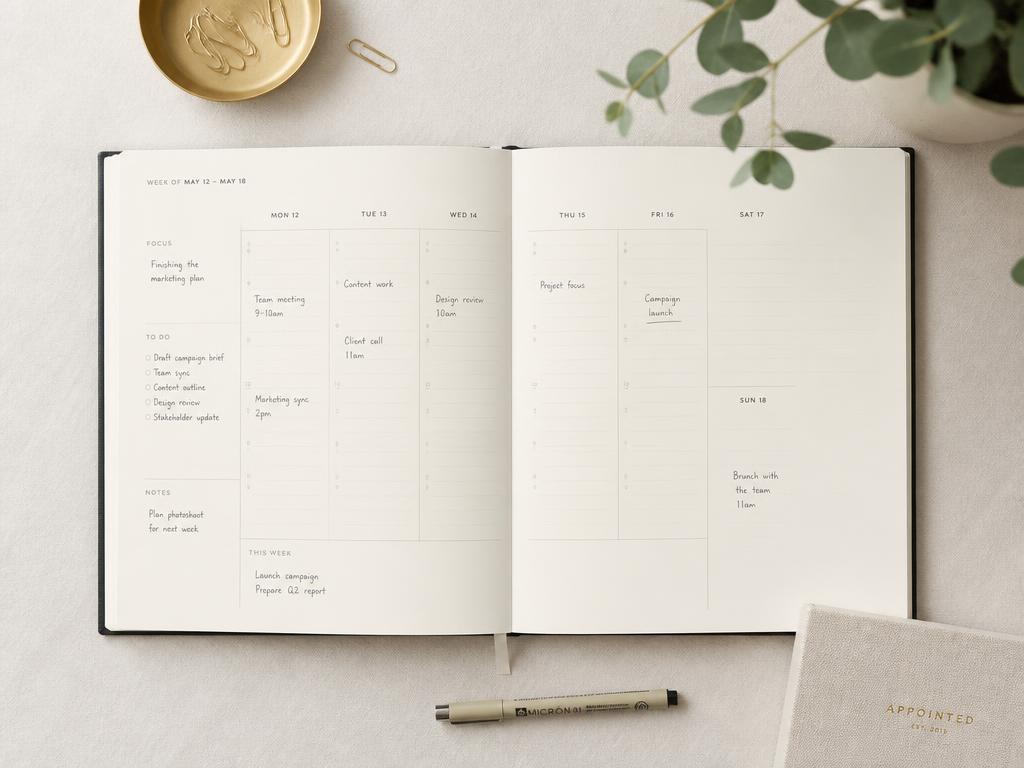 Open weekly planner with a fineliner pen on a linen surface