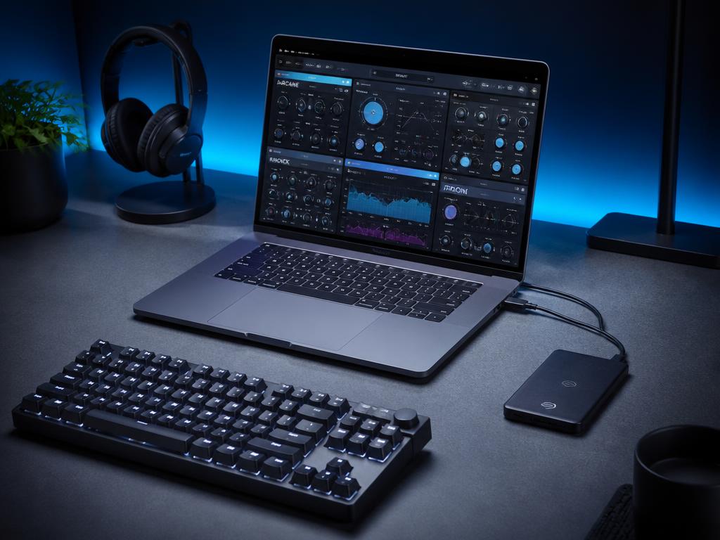 Laptop showing software plugin panels beside a mechanical keyboard