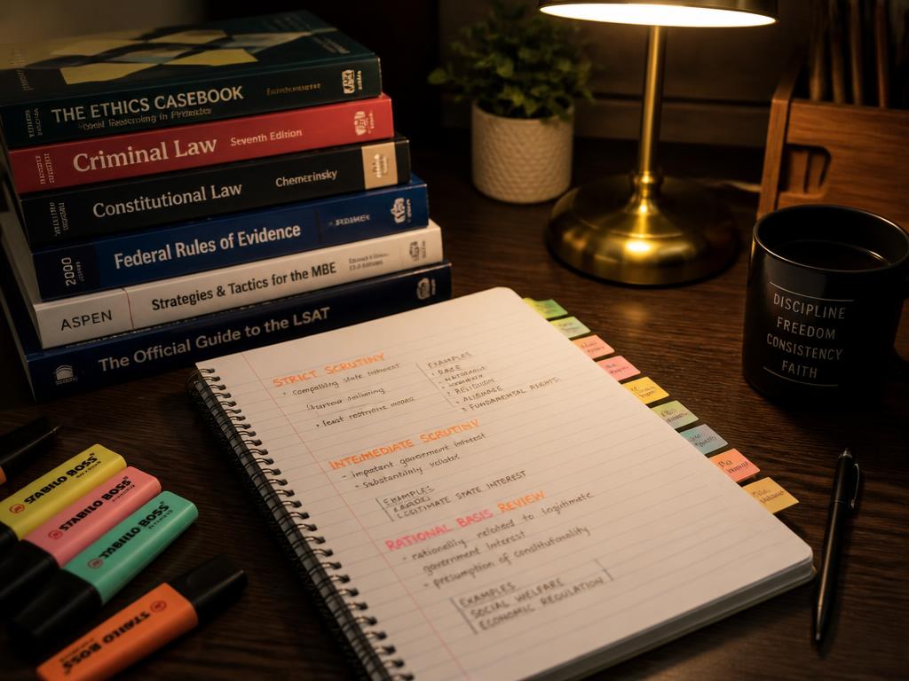 Handwritten study notes, highlighters and exam prep books under a warm lamp