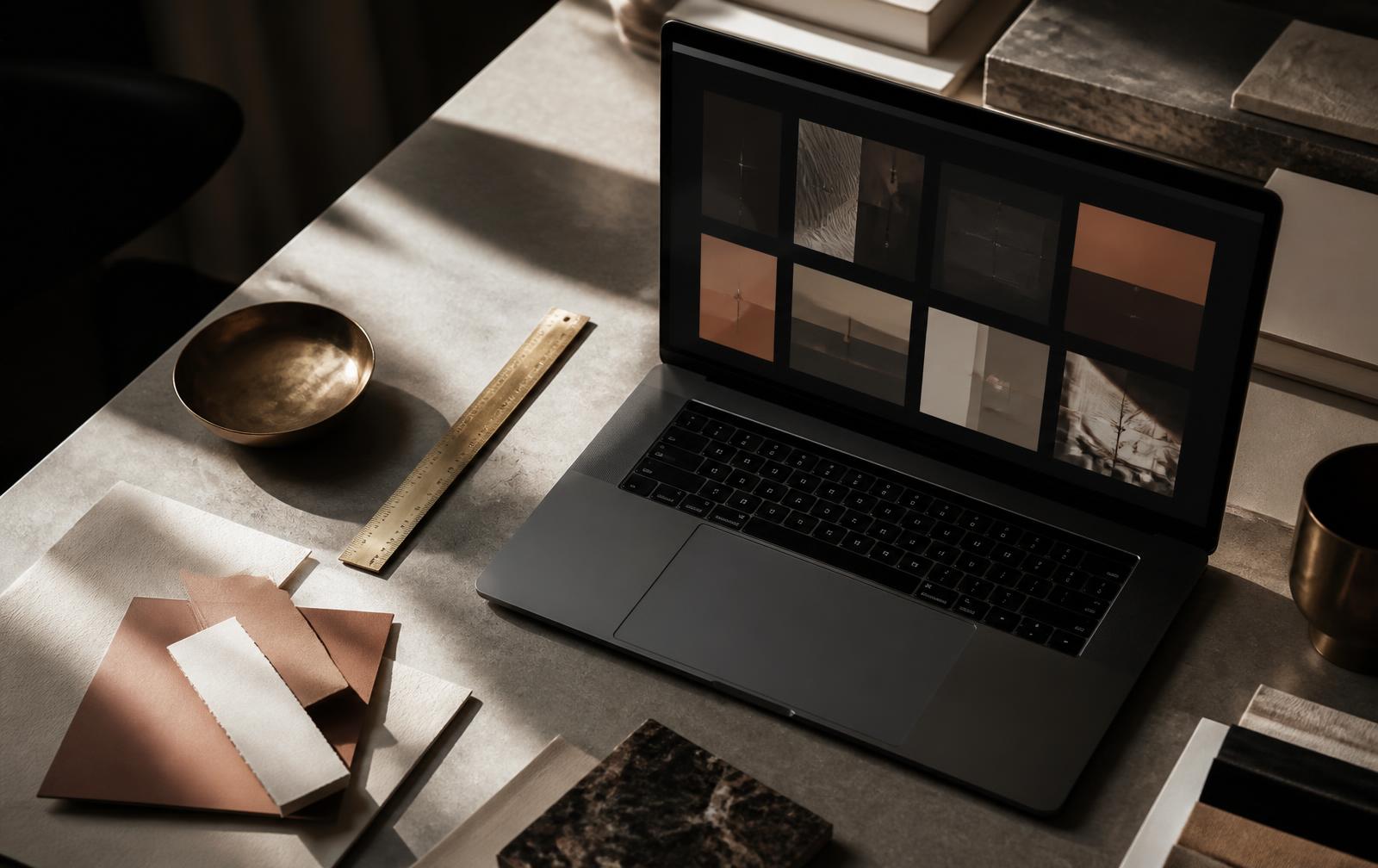 Template layouts and colour swatches on a designer's desk