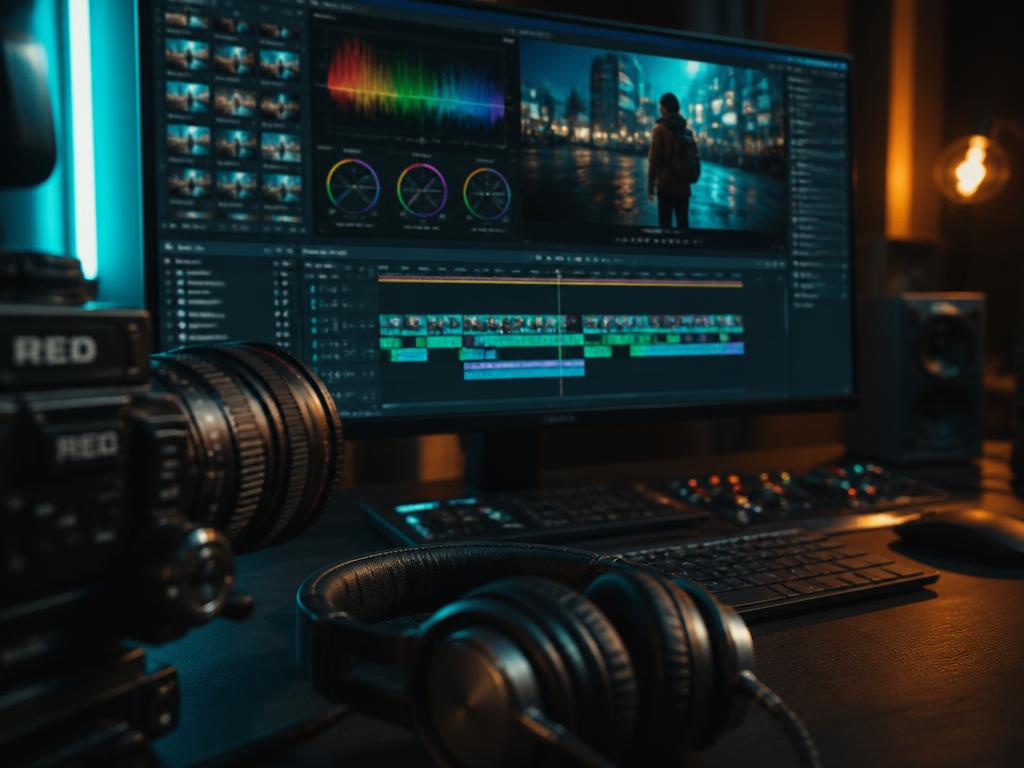 Colour-graded video timeline on a monitor beside a cinema camera