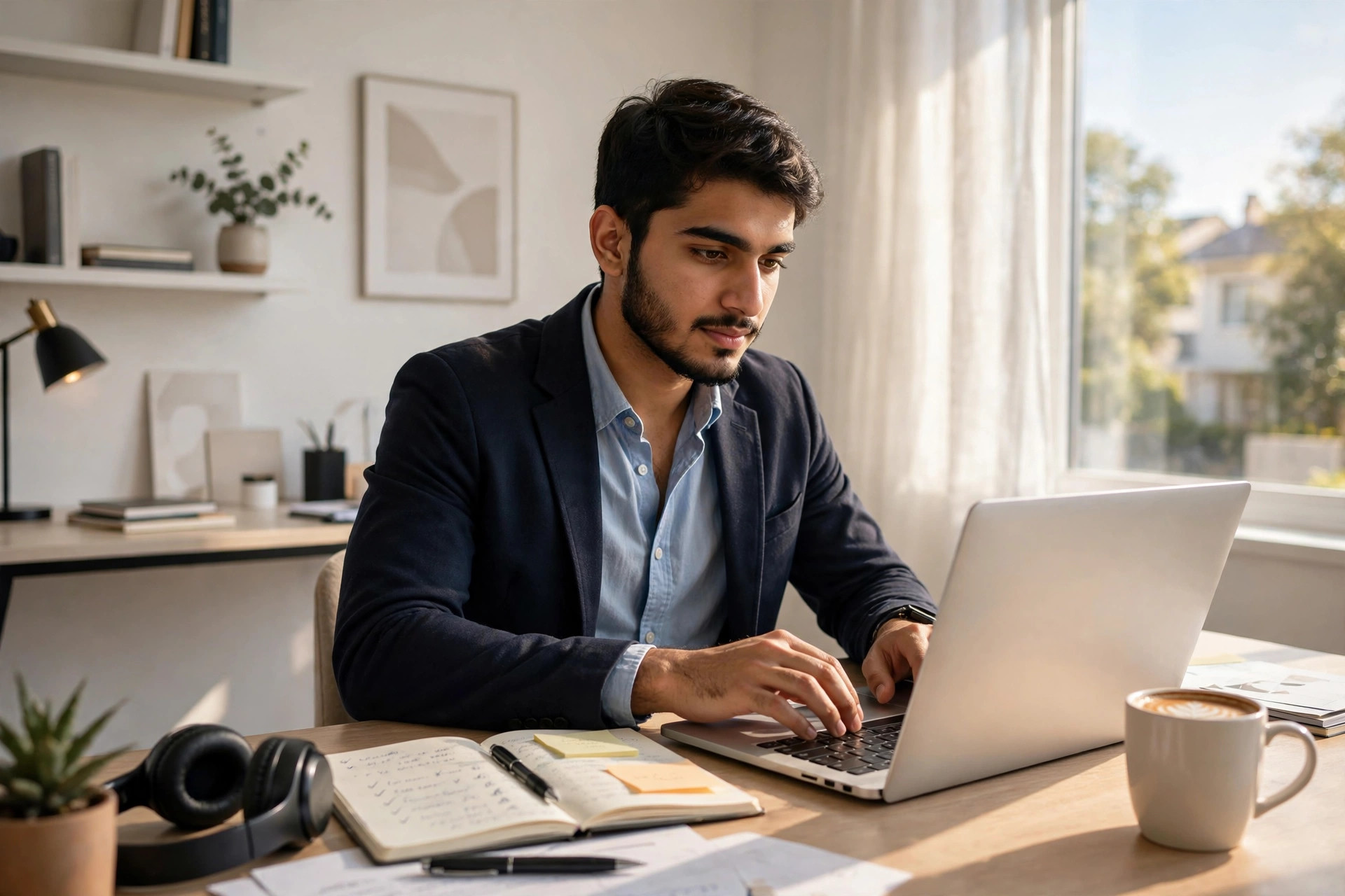 Pakistani freelancer working at a modern home office desk