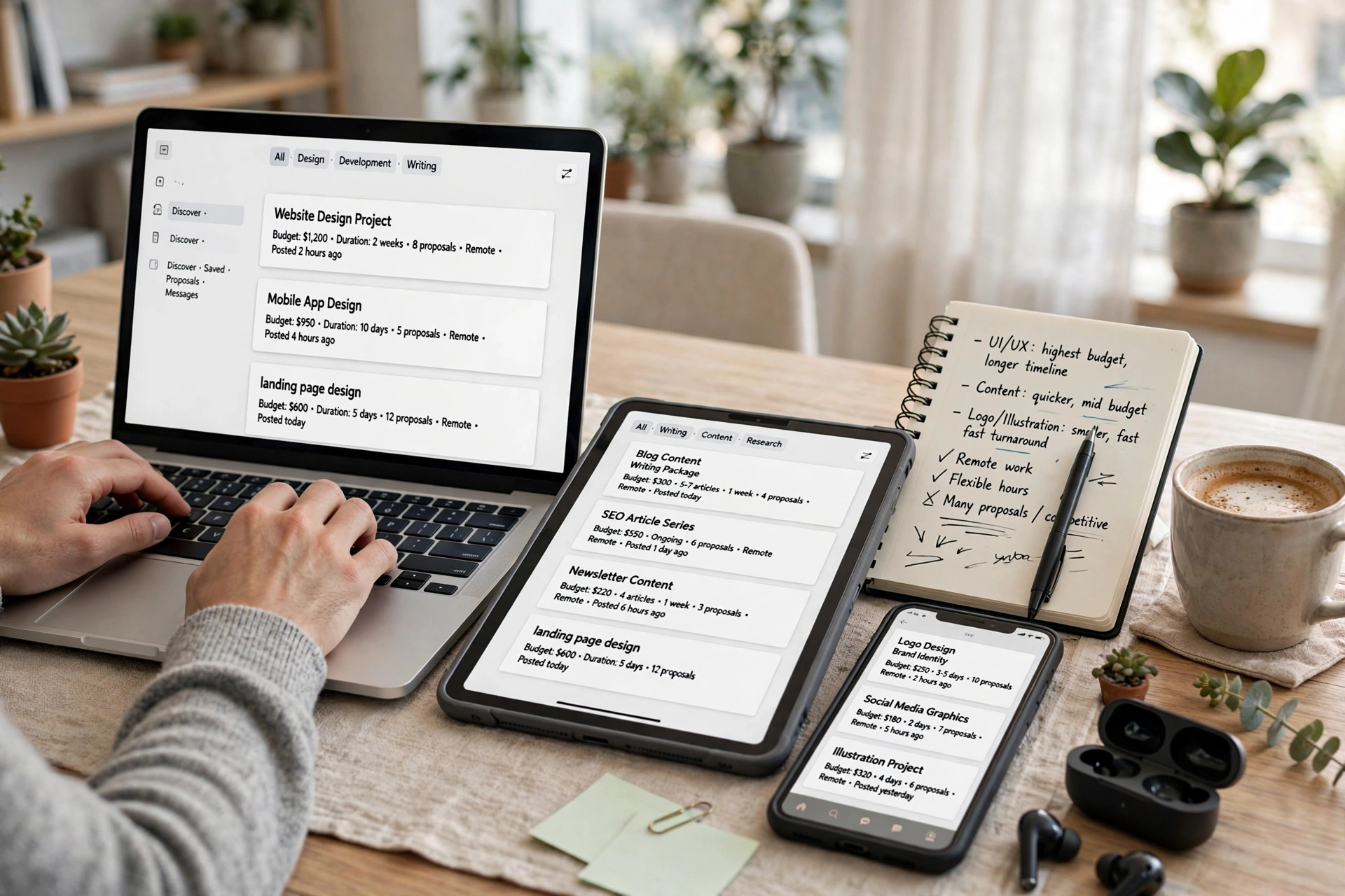 Comparing freelancing websites on laptop, tablet and smartphone