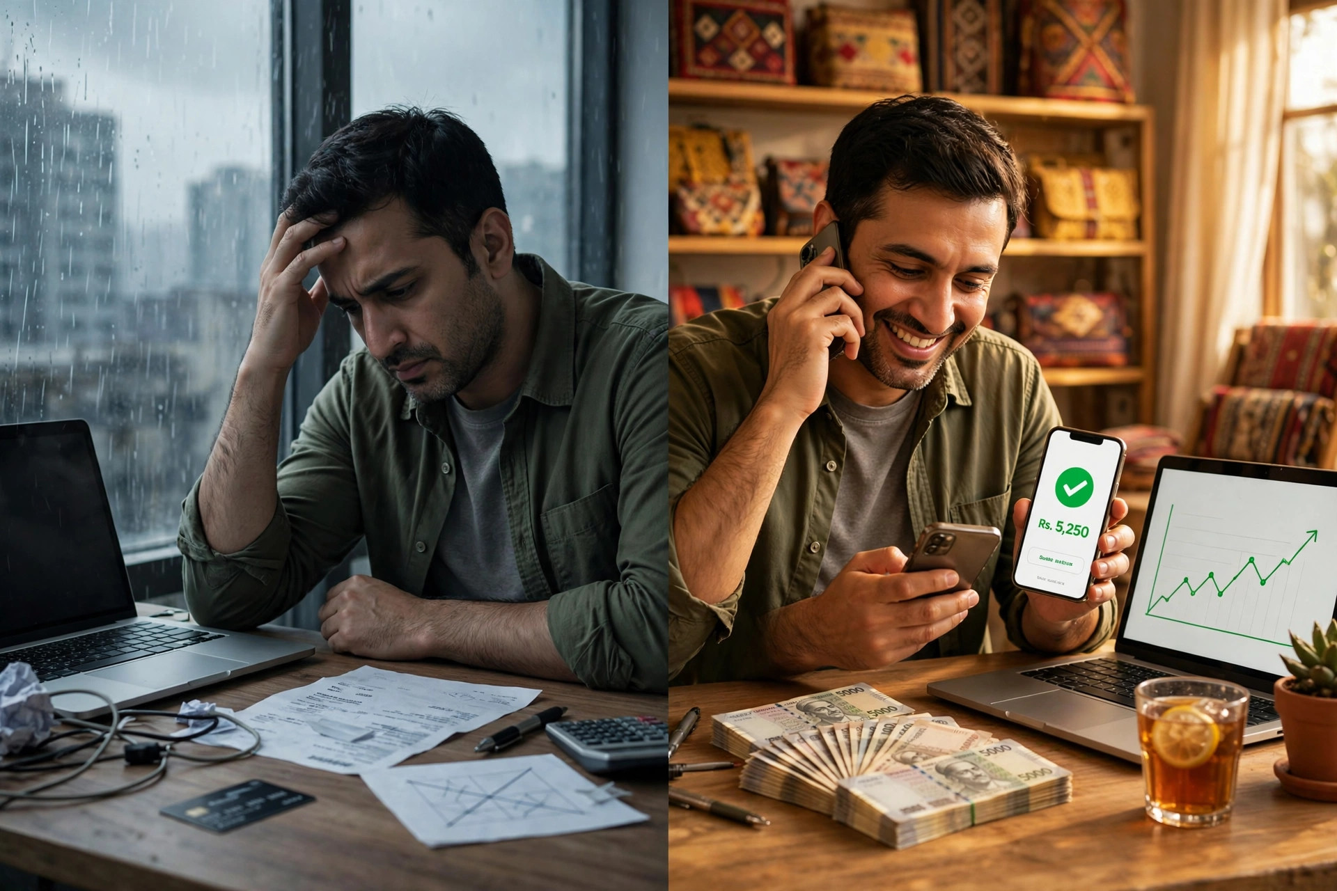 Pakistani seller receiving mobile wallet payment on smartphone